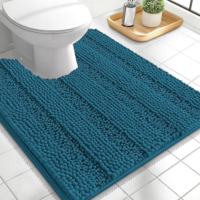 OLANLY Thick Toilet Rugs U-Shaped 24x20, Extra Soft Absorbent Chenille Striped Contour Bathroom Rugs for Toilet, Dry Quickly, Machine Washable, Non-Slip Bath Mat, Peacock Blue