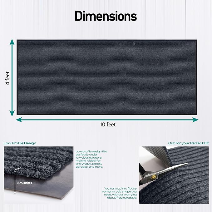 Durable Rubber Door Mat - Heavy Duty, Indoor/Outdoor, Easy Clean, Waterproof, Low-Profile Mat for Entry, Patio, Garage - Stylish (Charcoal, 10' x 4' (Mud Trapper))
