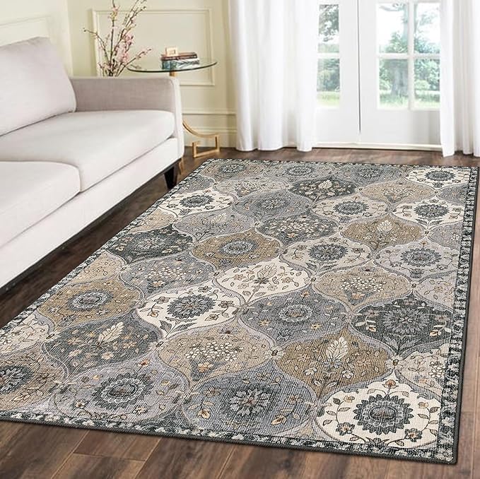 Lahome Moroccan Trellis Washable Area Rug, 5x7 Rugs for Living Room Indoor Non-Slip, Large Oriental Accent Throw Carpet for Bedroom Entryway Bathroom Office Elise, Grey