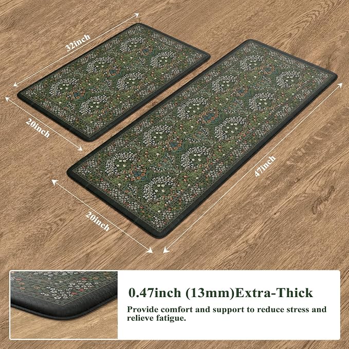 Collive Anti Fatigue Kitchen Rugs Sets of 2, Non Slip Waterproof Kitchen Mat Spring Vintage Floral Runner Rug, Ergonomic Comfort Desk Rugs for Floor, 20" x 47" + 20" x 32", Dark Green