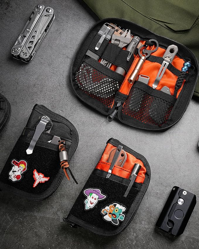 VIPERADE VE10 EDC Pouch Small Pocket Tool Pouch with 10 Compartments, Men's Pocket Organizer for Multitools, EDC Organizer with Patches Area for DIY (Black+Orange)