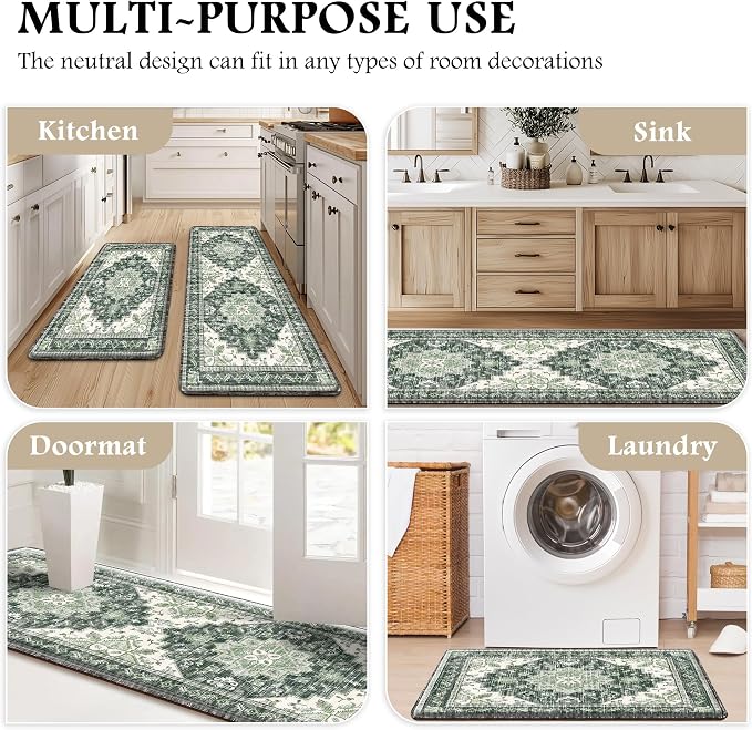 Boho Kitchen Mats for Floor 2 Piece Set Anti Fatigue Cushioned PVC Kitchen Rugs Non Slip Waterproof Farmhouse Mats 2/5 Inch Comfort Standing Mat for Sink, Laundry, Office, 17.3"x47"+17.3"x28", Green