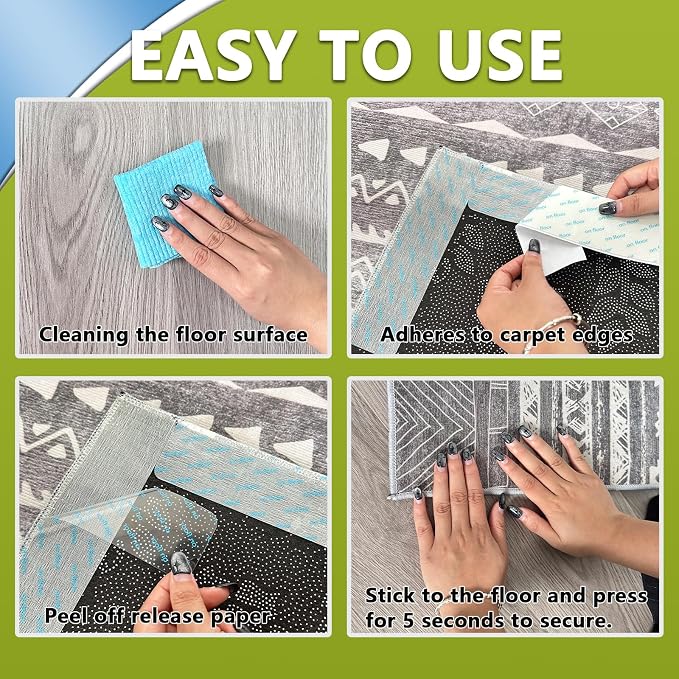 Rug Non Slip Grippers, 12Pcs Carpet Tape Reusable, No Residue on Hardwood Floors, Strong Hold Rug Stickers for Area Rugs, Keep Corners Flat, 2x8 Inch