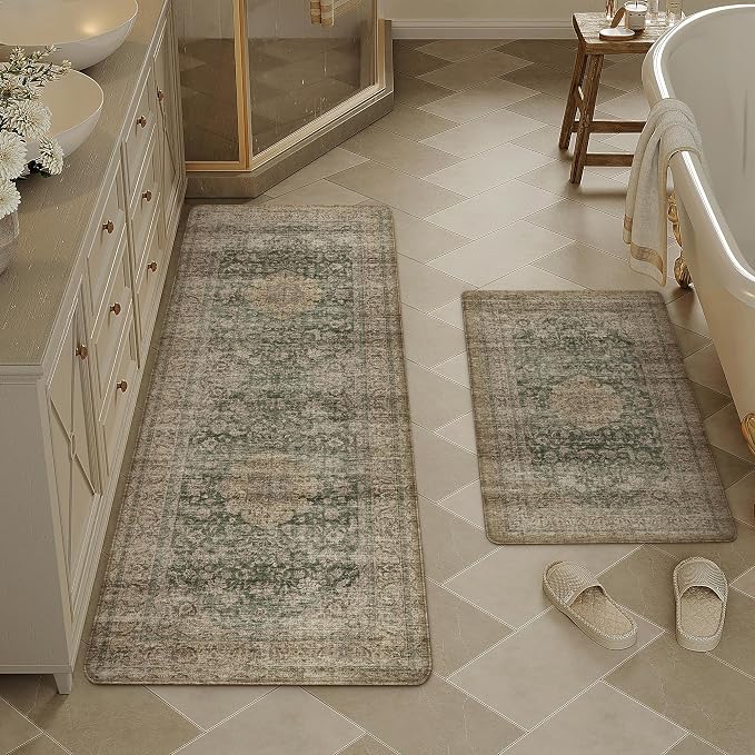 Vintage Kitchen Mats for Floor Anti Fatigue Waterproof Kitchen Rugs Sets of 2 Green Brown Cushioned Non-Slip Kitchen Mats Comfort Standing Mat for Sink Laundry Office 17.3"×47"+17.3"×30"