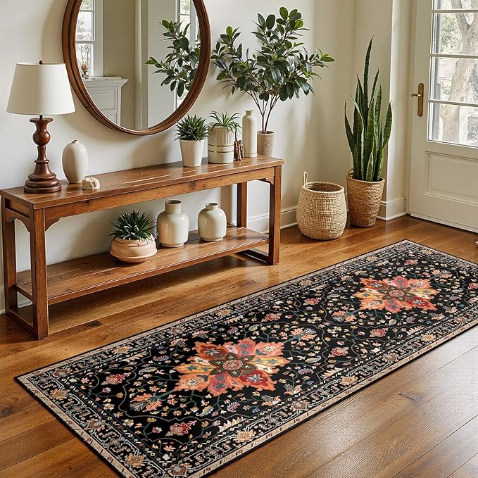 RELEANY Area Rugs Runner 2'x5' Washable Non-Slip, Floral Vintage Distress Medallion Carpet for Kitchen Hallway Bedroom Beside Laundry Room Bathroom, Black Colorful Floral Dark Tan