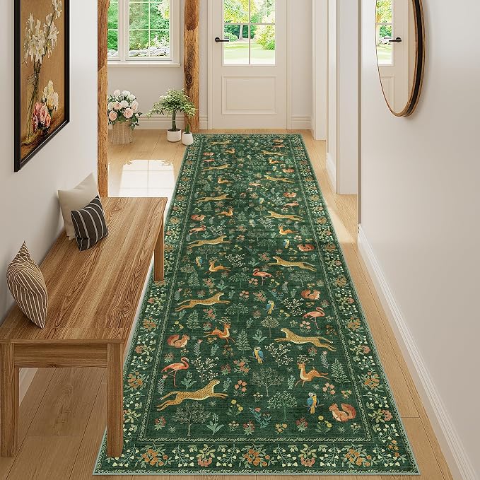 DUKINO 3x10 Washable Runner Rug for Hallway, Lightweight Long Kitchen Rug with Low Pile Design, Vintage Animal Non Shedding Thin Indoor Carpet for Entryway, Bathroom, Bedroom, Laundry Room, Green