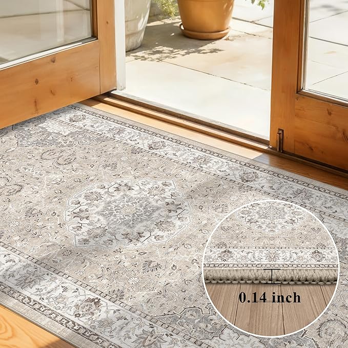 Washable 2x8 Hallway Runner Rug: Vintage Water Resistant Kitchen Entryway Rug Ultra Soft Living Room Bedroom Carpet with Non Slip Backing Indoor Low Pile Floor Mat for Bathroom Dining Room(2x8,Beige)