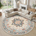 RELEANY Area Rugs Round 10ft Washable Non-Slip, Floral Vintage Distress Medallion Carpet for Living Room Bedroom Dining Room, Beige Navy Blue Orange Colorful