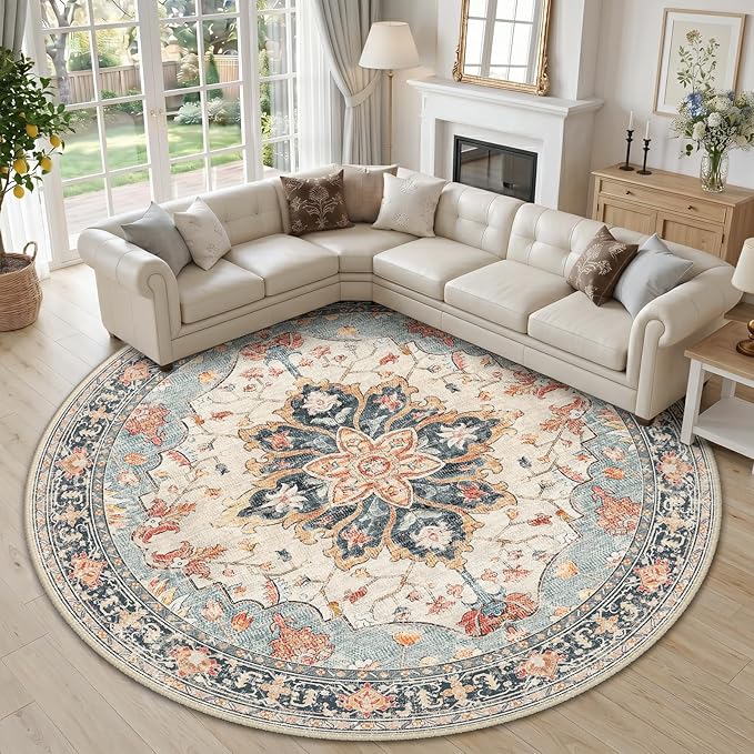 RELEANY Area Rugs Round 10ft Washable Non-Slip, Floral Vintage Distress Medallion Carpet for Living Room Bedroom Dining Room, Beige Navy Blue Orange Colorful