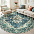 RELEANY Area Rugs Round 6ft Washable Non-Slip, Floral Vintage Distress Medallion Carpet for Living Room Bedroom Dining Room, Dark Blue Vintage