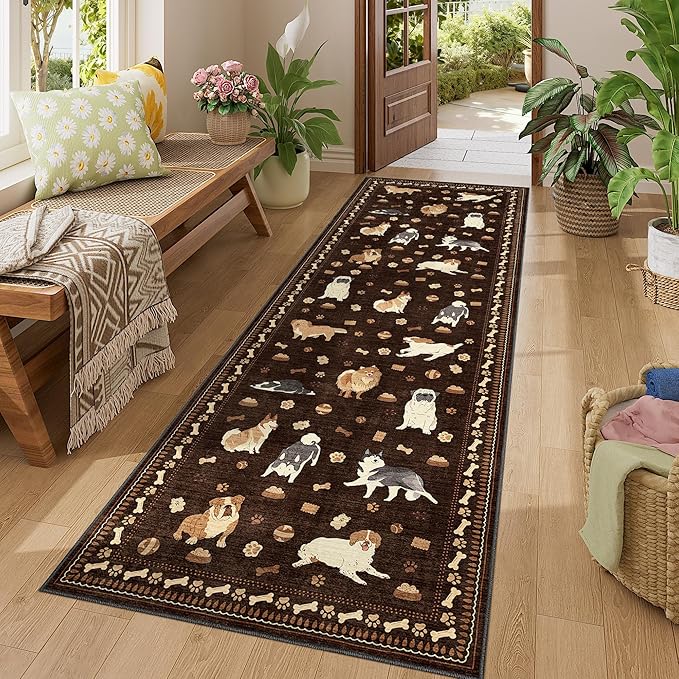 DUKINO 2x6 Washable Runner Rug for Hallway, Non Slip Animal Dog Kitchen Rug with Low Pile Design, Ultra Soft & Stain Resistant Indoor Carpert Runner for Entryway, Bedroom, Laundry, Bathroom, Brown
