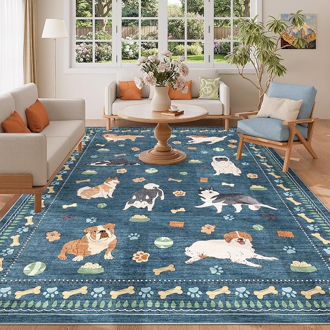 DUKINO 6x9 Rug for Living Room, Lightweight Animal Dog Print Washable Area Rug, Soft Non Slip & Low Pile Floor Mat, Stain Resistant Large Carpet for Bedroom, Nursery, Dining Room, Kids Playroom, Blue