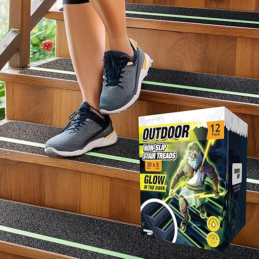 Glow in the Dark 30" x 8" - 12-Pack Outdoor Stair Treads Non-Slip Weather Resistant - Anti Slip Tape for Exterior Wooden Steps - Grip Tape for Stairs Waterproof 80-Grit Adhesive Treads by Thunder Grip