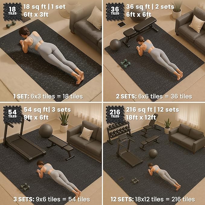 bemaxx Gym Mats Set - 54 pcs EVA Interlocking Foam Floor Tiles (12.6"x12.6"x0.4") 54sqft Protective Gym Flooring Sports Home Workout Exercise Mats Puzzle Garage Fitness Play-Room Pool Treadmill Bike