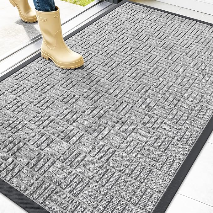 OLANLY Front Door Mat Outside Entrance 47x32, Absorbent, Heavy Duty Sturdy Natural Rubber Doormat Indoor Outdoor, Non-Slip, Stain and Fade Resistant, Low Profile Floor Mat for Entryway, Light Gray