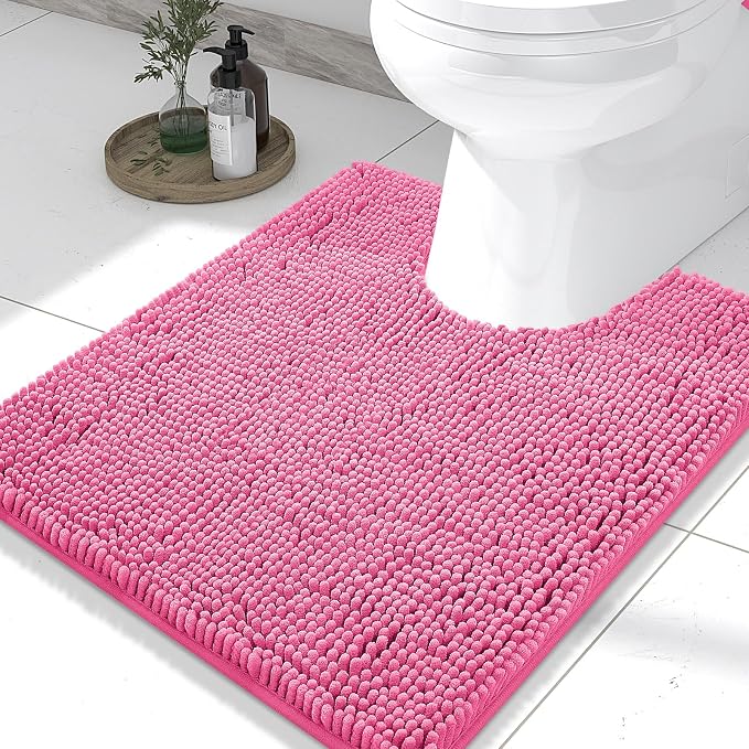 Smiry Luxury Chenille Toilet Rugs U-Shaped 24x20, Soft Absorbent Non-Slip Contour Bathroom Rugs for Toilet, Machine Washable Contoured Bath Mats, Hot Pink