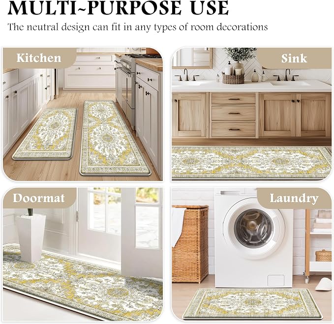 Boho Kitchen Mats for Floor 2 Piece Set Anti Fatigue Cushioned PVC Kitchen Rugs Non Slip Waterproof Farmhouse Mats 2/5 Inch Comfort Standing Mat for Office, Laundry, 17.3"x59"+17.3"x28", Yellow