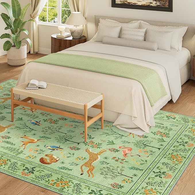 DUKINO 6x9 Rug, Washable Animal Living Room Rug with Non Slip Vintage Design, Soft Low Pile Large Carpet for Bedroom, Nursery, Dining Room, Farmhouse, Playroom, Light Green