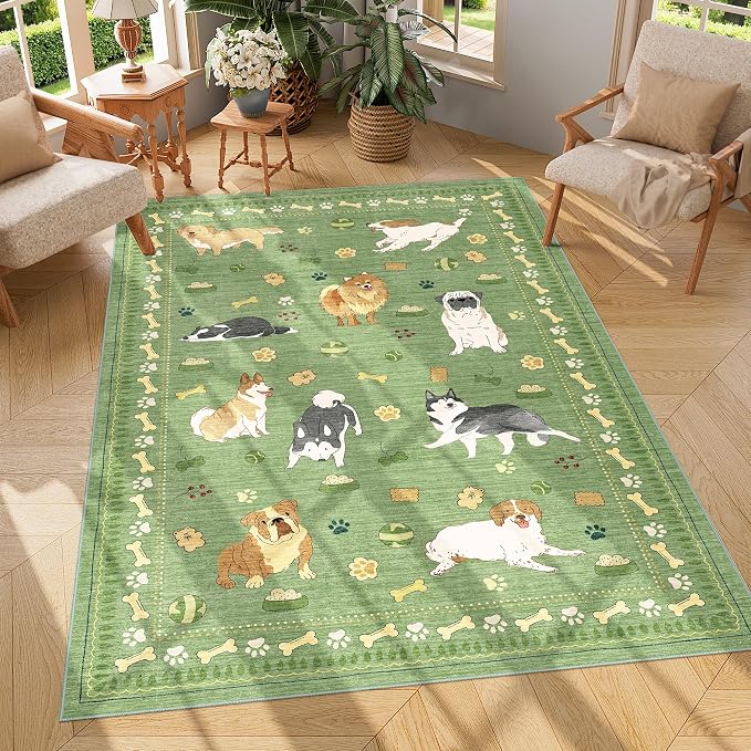 DUKINO 4x6 Area Rug, Non Slip Washable Rug for Living Room with Low Pile Design, Lightweight & Non Shedding Animal Dog Print Indoor Soft Carpet for Bedroom, Dining Room, Kids Room, Office, Green