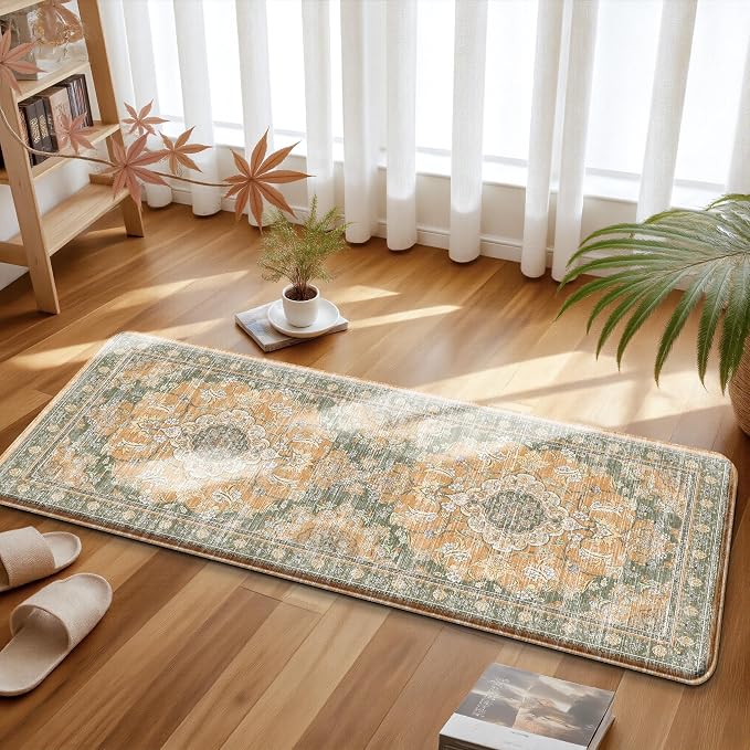 Boho Kitchen Mats for Floor 2 Piece Set Anti Fatigue Cushioned PVC Kitchen Rugs Non Slip Waterproof Farmhouse Mats 2/5 Inch Comfort Standing Mat for Sink, Laundry, 17.3"x47"+17.3"x28", Green Orange