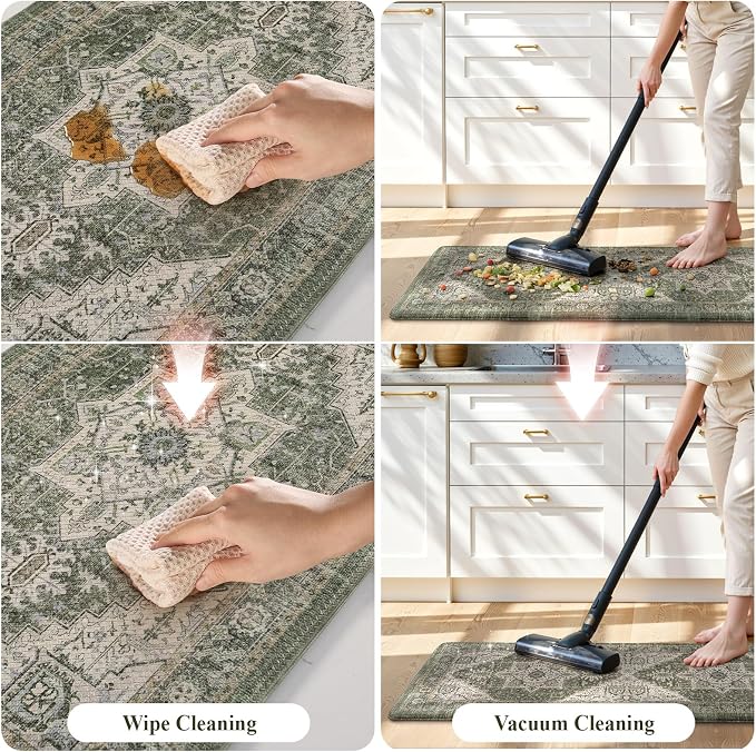 KIMODE Anti Fatigue Mats for Kitchen Floor, Green Distressed Kitchen Rugs Sets of 2, Spring Memory Foam Kitchen Mats for Floor, Waterproof Standing Mats for Sink Laundry Office Desk 17"x47"+17"x29"