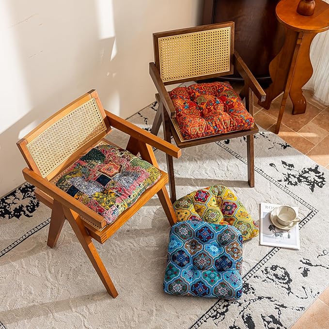 vctops Boho Geometric Chair Cushions with Ties U-Shaped Soft Cozy Cotton Linen Chair Pads Non Slip Seat Cushions for Indoor Dining Room and Kitchen Chairs (Blue,16"x16")