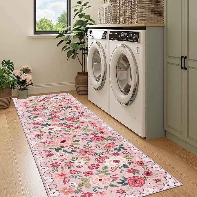 DUKINO Runner Rug, 2x7 Boho Kitchen Rug for Hallways with Low Pile Design, Washable Non Slip Backing Soft Floral Runner for Kitchen, Hallway, Entryway, Bedroom, Laundry, Pink