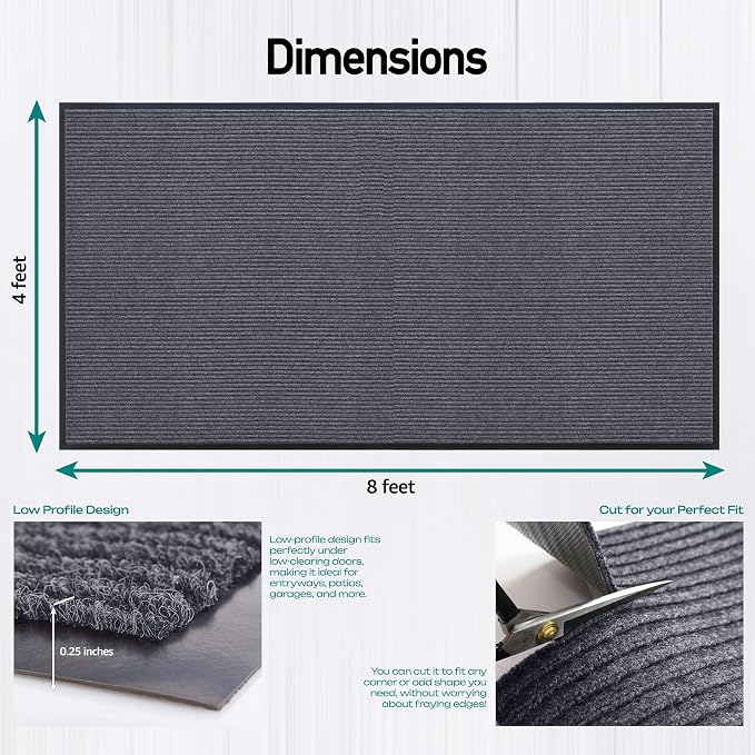 MaxMat® 4x8 Outdoor Rug, Extra Large Entryway Mat - Heavy Duty Doormat, Waterproof, Low-Profile, Easy to Clean, Rubber Floor Mat (4 x 8 Feet, Grey, MXM-RIB0048GY)