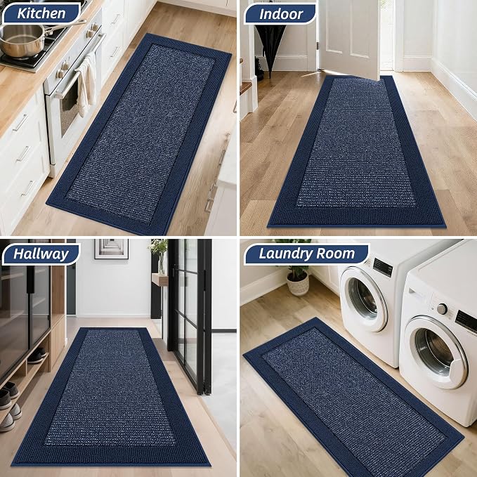 BEQHAUSE Indoor Door Mat 24" x 60", Dirt Trapper Door Mats Non-Slip Entryway Rugs Washable, Resist Dirt Absorbent Welcome Mat, Low Profile Floor Mats for Front Back Door and Entryway, Blue