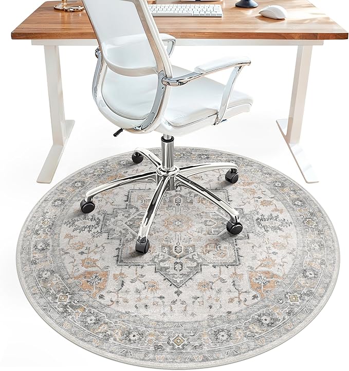 60"x60" Office Chair Mat for Hardwood Tile Floor, Under Desk Carpet Protector for Rolling Computer Chair Mat, Machine Washable Round Area Rug, Anti-Slip 1/5" Thick Low Pile Thin Floor Mat, Taupe