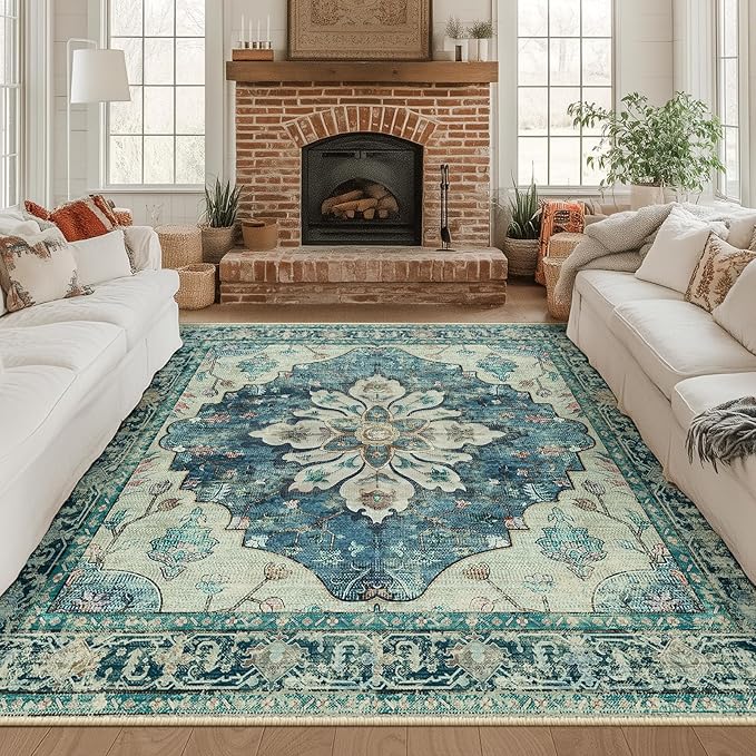 RELEANY Area Rugs Square 8ft Washable Non-Slip, Floral Vintage Distress Medallion Carpet for Living Room Bedroom Dining Room, Dark Blue Vintage