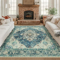 RELEANY Area Rugs Square 8ft Washable Non-Slip, Floral Vintage Distress Medallion Carpet for Living Room Bedroom Dining Room, Dark Blue Vintage