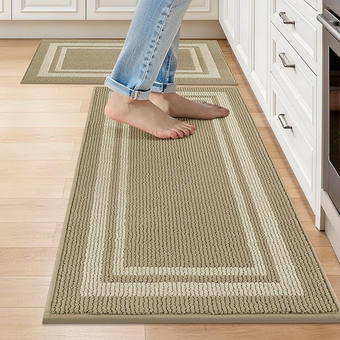 COSY HOMEER Kitchen Rugs Sets 2PCS,Non-Slip Washable Kitchen Mats for Floor,Absorbent and Stain Resistant Kitchen Runner Rugs for Kitchen Sink Laundry Entryway,20"x30"+20"x48",Beige