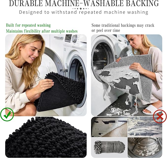 Yimobra Bathroom Rugs Non Slip Washable - Ultra Soft Absorbent Chenille Bath Mat, Quick Dry Shaggy Floor Carpet for Tub Shower, Black Home Decor Accessories, 24x17 Inch