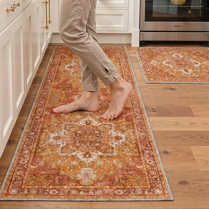 GENIMO Kitchen Rug Sets of 2, Non-Slip Washable Low-Pile Kitchen Mats for Floor, Waterproof Kitchen Runner Rug, for Hallway, Laundry, Sink, Entryway, Bathroom, 20"x32"+20"x48", Orange
