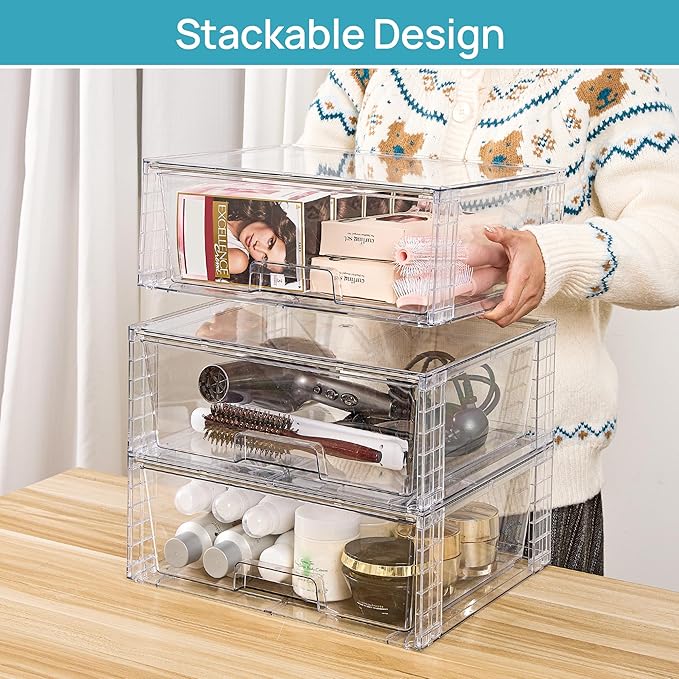 Vtopmart 6 Pack Large Stackable Storage Drawers,Easily Assemble Clear Acrylic Bathroom Closet Undersink Organizers,Plastic Storage Bins for Cabinet,Kitchen Pantry,Medicine Organization