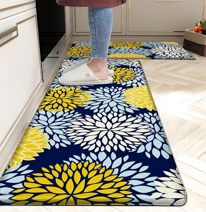 Kitchen Mats Set of 2 Cushioned Anti Fatigue Kitchen Rugs Non Slip Waterproof Kitchen Runner Memory Foam Floor Mat Comfort Standing Mat for Sink,Office,Laundry, Navy Yellow
