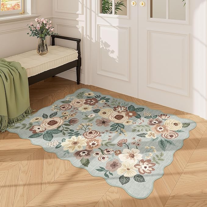 DUKINO 2x3 Entryway Rug, Floral Washable Indoor Door Mat with Non-Slip Backing, Soft Low Pile Small Front Door Throw Rugs for Entryway, Kitchen, Bedroom, Laundry, Bathroom, Sage Green