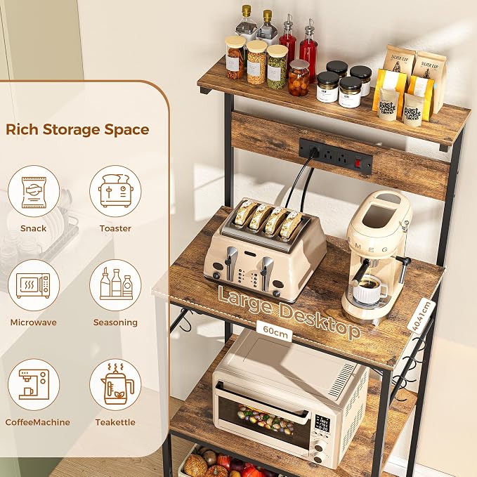 VUSIGN Kitchen Bakers Rack with Power Outlet, 4 Tiers Microwave Stand with Storage, 23.6 Inch Coffee Bar Station with 6 S Hooks, Adjustable Shelf Rack for Pots/Pans/Spices, Rustic Brown