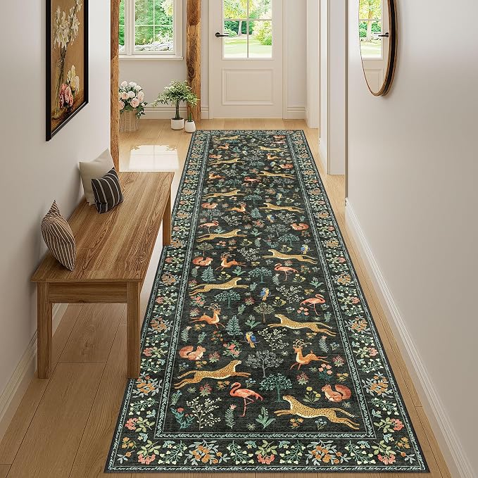 DUKINO Washable 2.6x10 Runner Rug, Non Slip Animal Print Runner Rug for Hallway, Vintage Low Pile & Stain Resistant Soft Indoor Carpet Runner for Kitchen, Bathroom, Laundry, Bedroom, Black