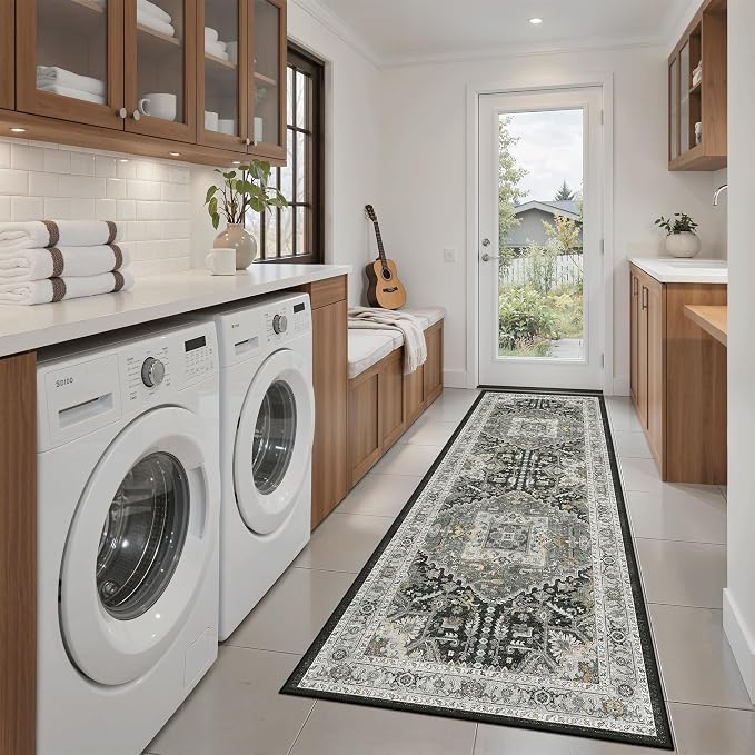 Madane Washable Kitchen Runner Rug 2x6, Ultra-Thin Non-Slip Hallway Runner, Stain Resistant Vintage Entryway Carpet Runner, Pet Friendly Low Pile Runners, Grey Green/Black Olive