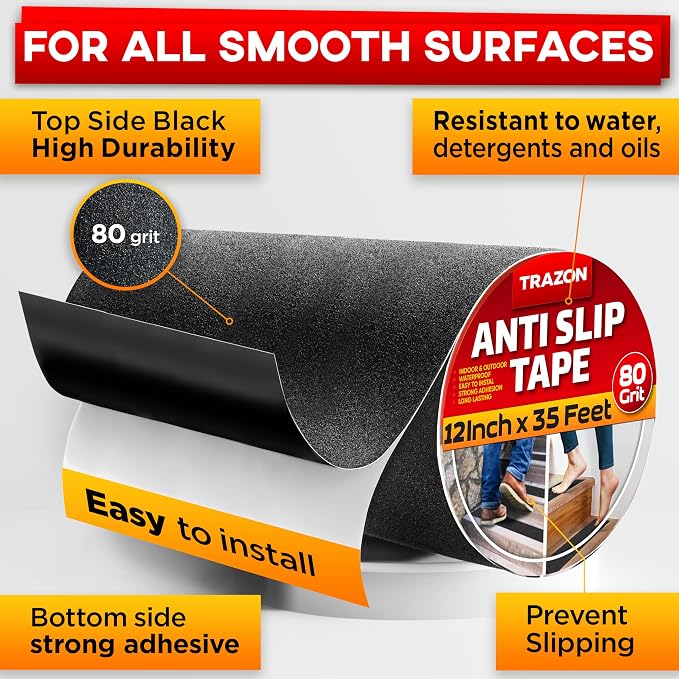 Grip Tape - Heavy Duty Anti Slip Tape for Stairs Outdoor/Indoor Waterproof 12Inch x 35Ft Safety Non Skid Roll for Stair Steps Ramp Traction Tread Staircases Grips Adhesive Non Slip Strips Walk Black