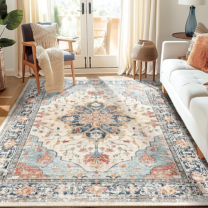 RELEANY Area Rugs 5'x7' Washable Non-Slip, Floral Vintage Distress Medallion Carpet for Living Room Bedroom Dining Room, Beige Navy Blue Orange Colorful