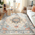 RELEANY Area Rugs 5'x7' Washable Non-Slip, Floral Vintage Distress Medallion Carpet for Living Room Bedroom Dining Room, Beige Navy Blue Orange Colorful