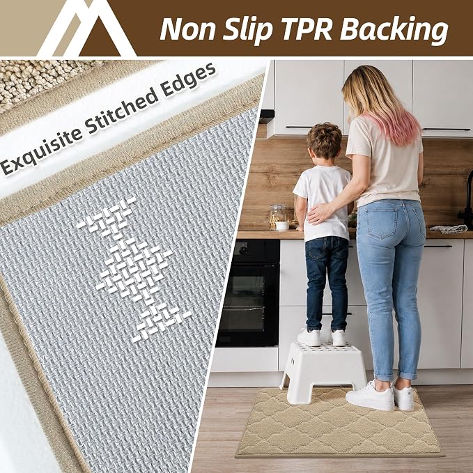 COSY HOMEER Kitchen Rugs 20"x32"/20"x48" Non-Slip Washable Kitchen Mats for Floor Absorbent Kitchen Carpet Soft Rugs for Kitchen,Sink Mat,Entrance,Area Rug,Warm Beige
