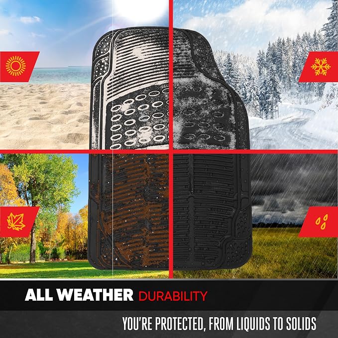 BDK Proliner All Weather Rubber Auto Floor Mats and Trunk Cargo Liner - Front & Rear Heavy Duty Set Fit for Car SUV Van and Truck, Black, 4 Pieces (Trim to Fit)