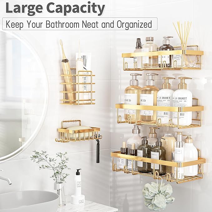 Liuoud 10 Pack Shower Caddy Organizer Rack Shelf for Inside Shower, Self Adhesive Wall Storage Basket Rustproof Stainless Steel Shampoo Holder Bathroom Accessory Decor Set, Bright Gold