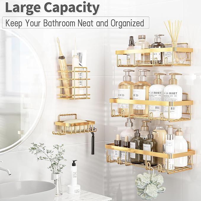 Liuoud 5 Pack Shower Caddy Organizer Rack Shelf for Inside Shower, Self Adhesive Wall Storage Basket Rustproof Stainless Steel Shampoo Holder Bathroom Accessory Decor Set, Gold
