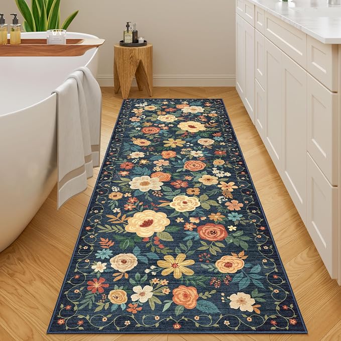 DUKINO 2x6 Runner Rug for Hallway, Washable Kitchen Runner Rug with Non Slip Backing, Low Pile Soft Boho Floral Runner for Kitchen, Hallway, Entryway, Laundry, Bedroom, Dark Blue