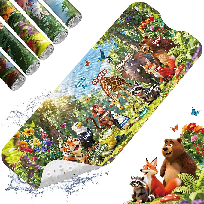 Bath Tub Mat Non Slip Bath Mat Shower Mat for Baby Adults, BPA Free Extra Long Bathtub Mat, 40x16 Inches Eco-Friendly Kids Bath Mats with Suction Cups and Drain Holes, Machine Washable,Animals